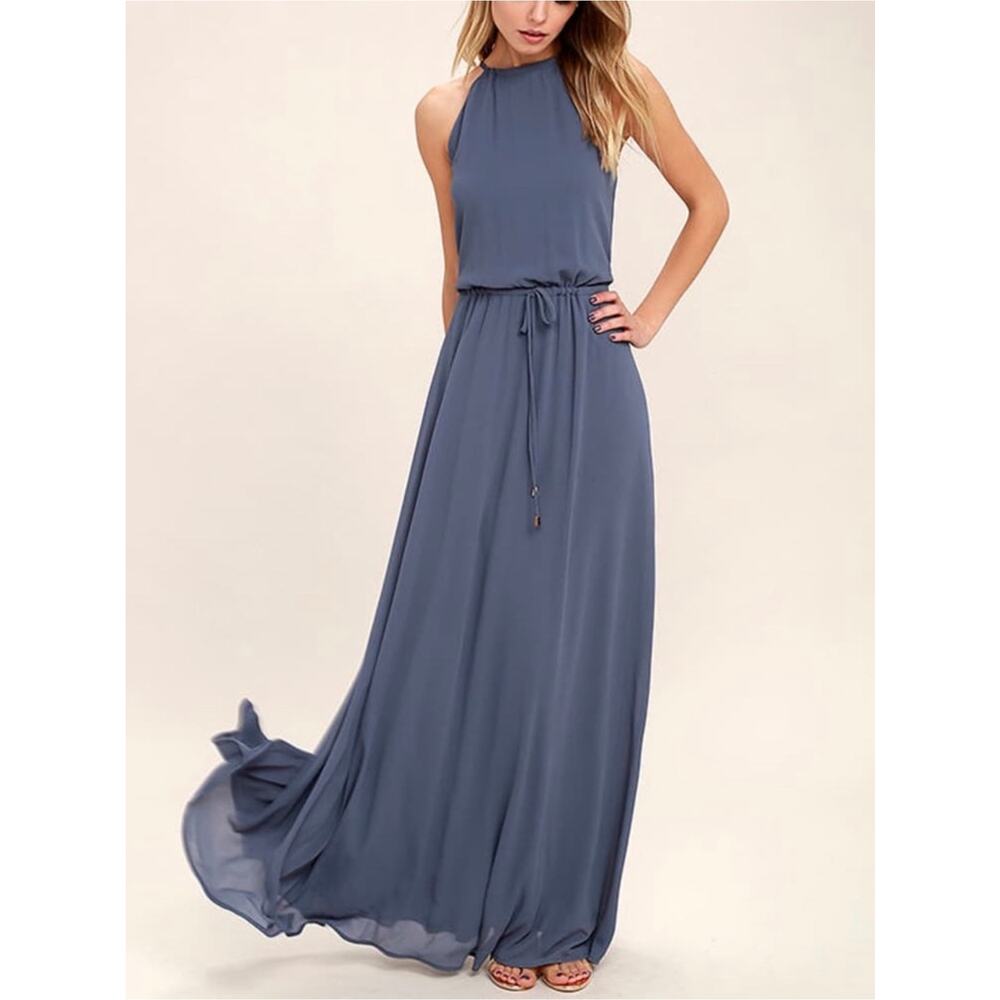 Lulus Be Mellow Chiffon High Neck Maxi Dress Denim Blue Size Large NWT